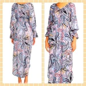 Betsey Johnson Dress Women’s M Maxi Paisley Print Multi Bishop Sleeves NWT